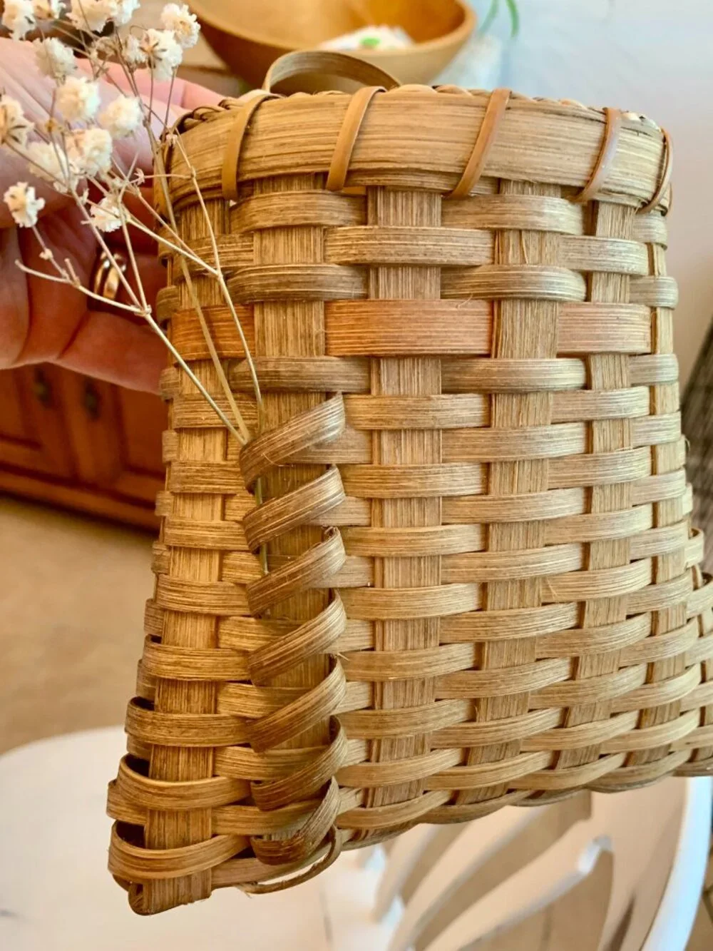 Hanging Basket Artist Signed Handwoven Wicker with Roping and Natural Dyes